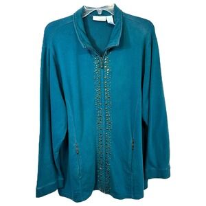 Liz‎ & Me Plus Size 18/20W Jacket 1X Teal Full Zip Studded Collar Pockets 1252